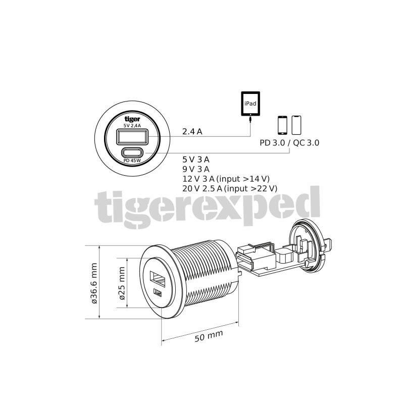 Prise intégrée USB-C / USB-A 12V QC/PD3.0 45W