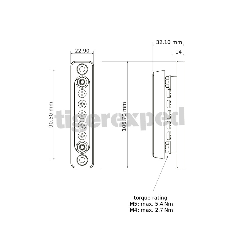 Jeu de barres mini 100A 2 x M5 + 5 x M4