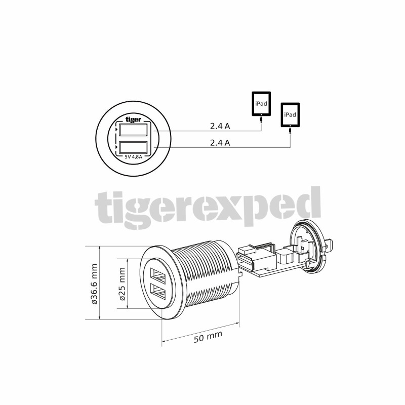 Chargeur double USB-A 12/24V 2 x 2,4 ampères