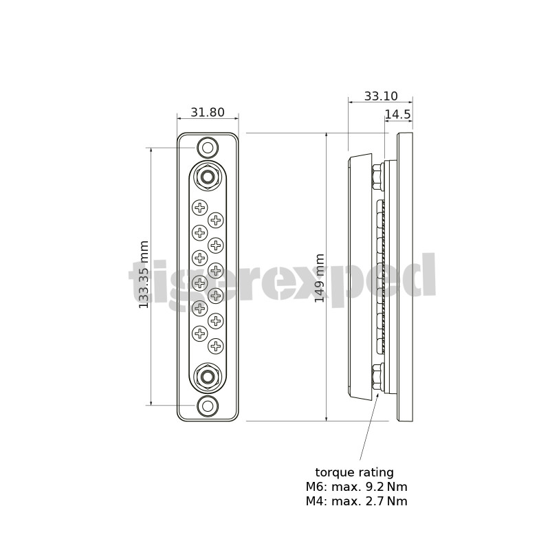 Jeu de barres 150A 2 x M6 + 12 x M4