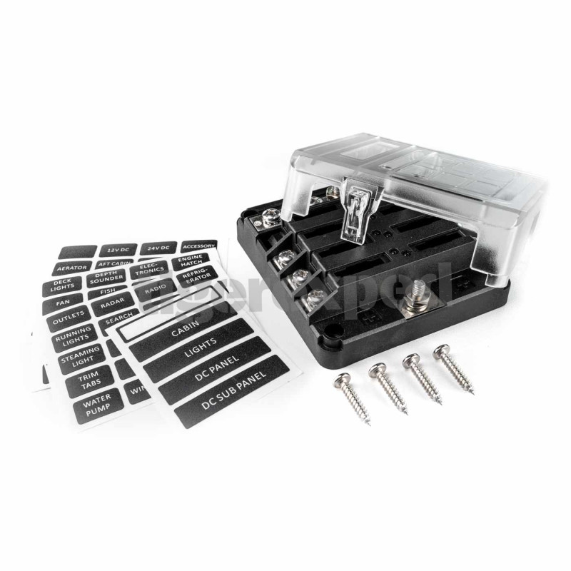 Porte-fusible 6 sorties avec jeu de barres connexion M4 (12/24 V)