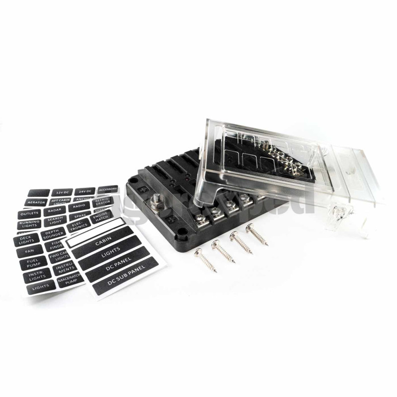 Porte-fusible 12 sorties avec jeu de barres connexion M4 (12/24 V)
